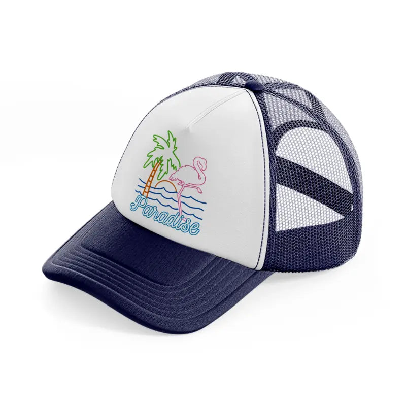 h210805 17 flamingo paradise vintage 80s navy blue and white trucker hat