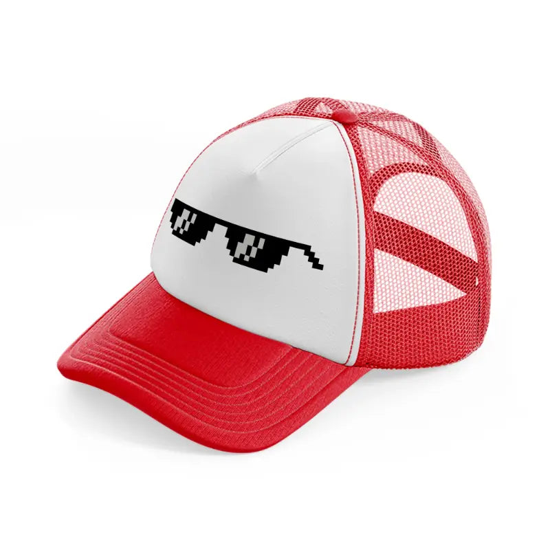 sunglasses red and white trucker hat