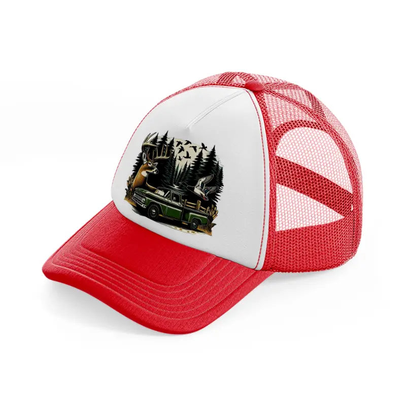 deer car wild red and white trucker hat