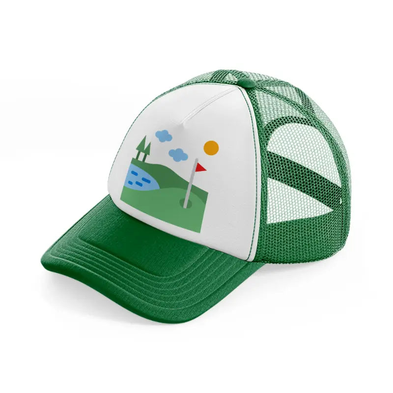 golf field river-green-and-white-trucker-hat