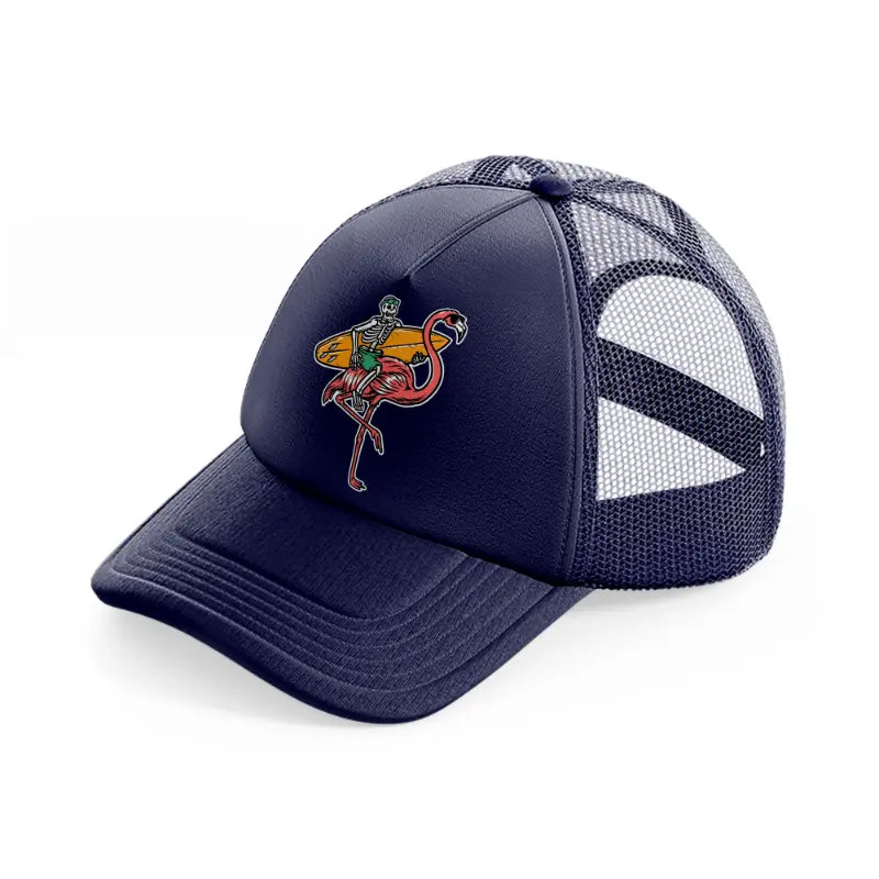 skeleton and flamingo get ready to surf-navy-blue-trucker-hat