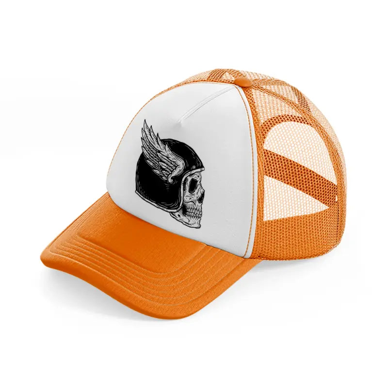 dark skull helmet with wing art orange trucker hat