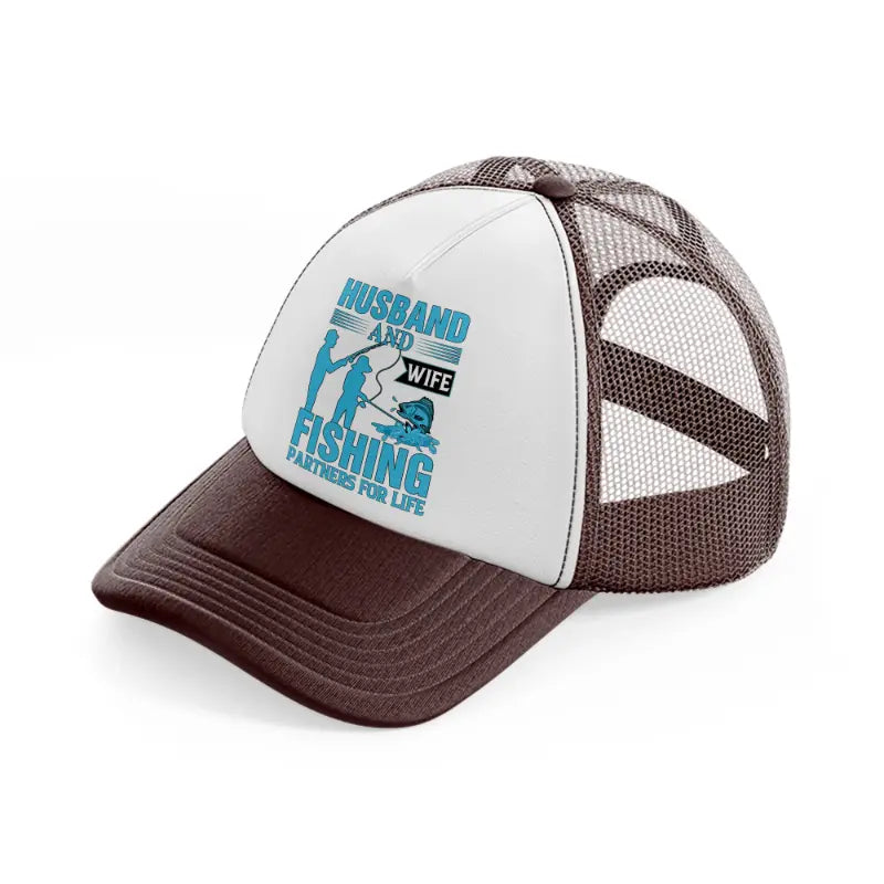 husband and wife fishing partners for life brown trucker hat