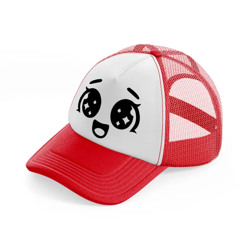 happy delight face red and white trucker hat