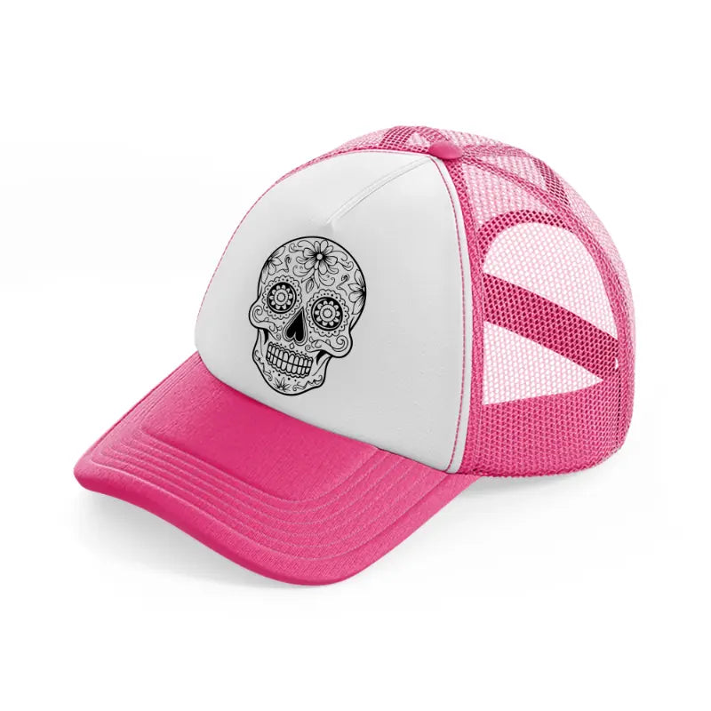 flower skull-neon-pink-trucker-hat