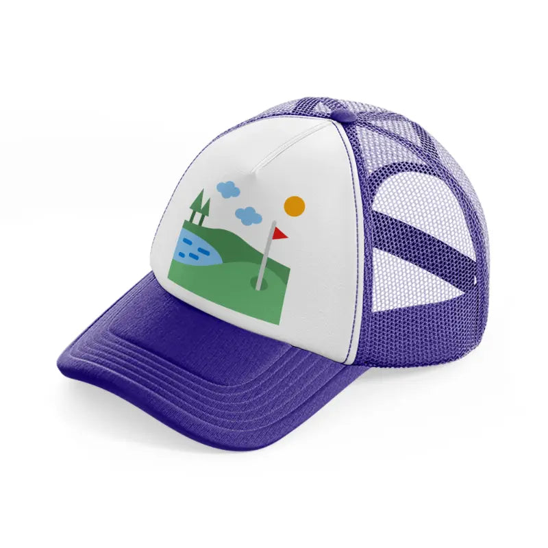 golf field river purple trucker hat