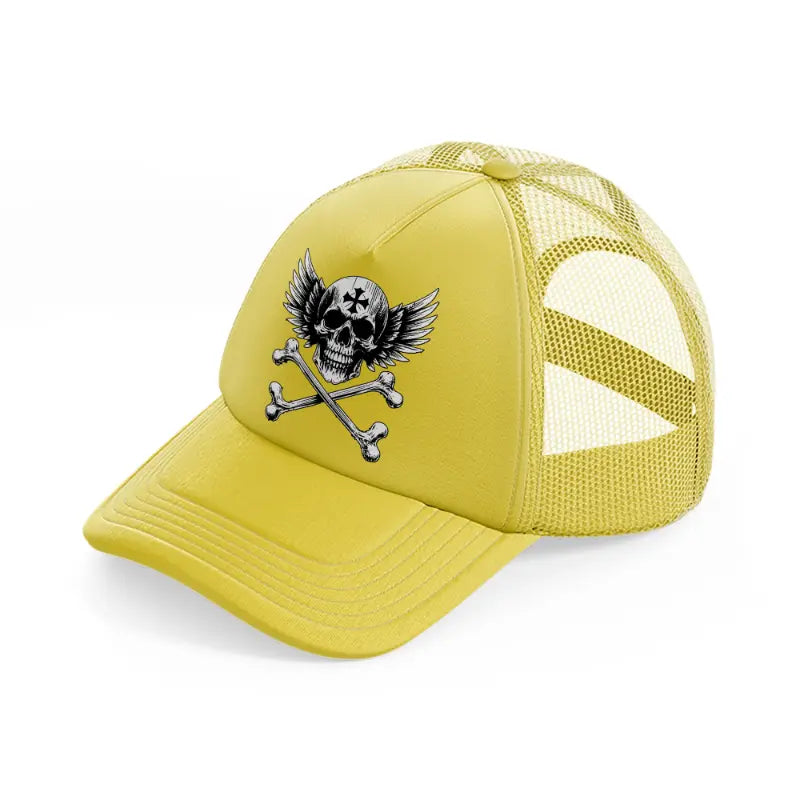 skull cross with wings gold trucker hat