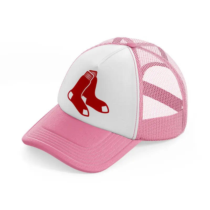 red sox emblem-pink-and-white-trucker-hat