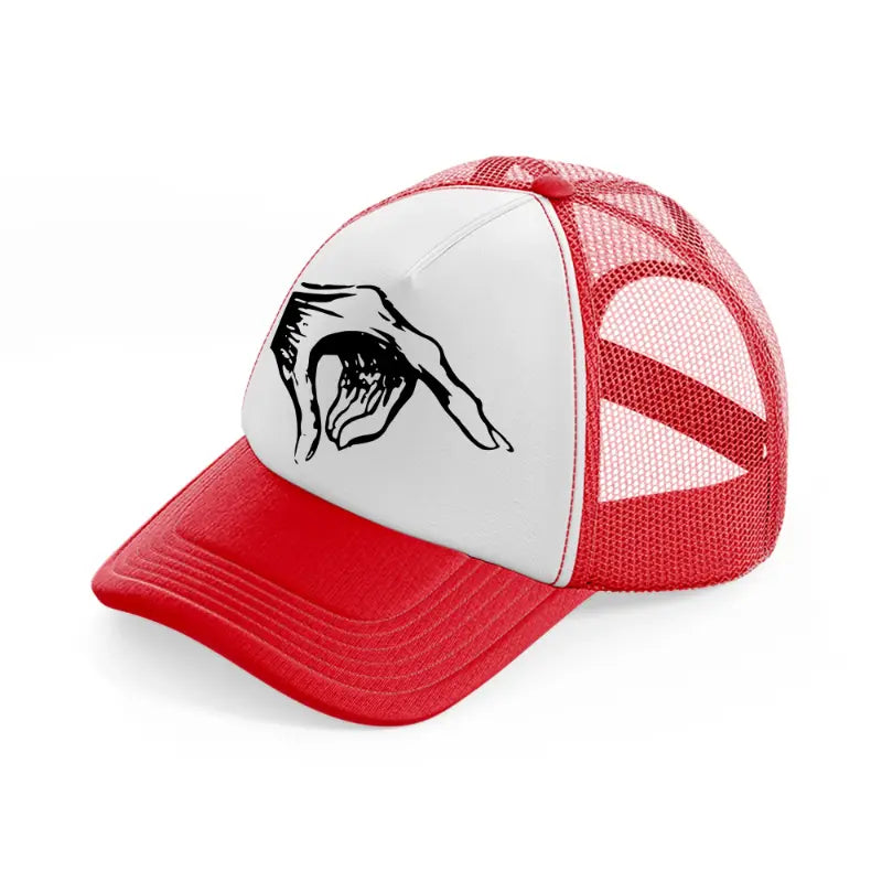 creepy hand-red-and-white-trucker-hat