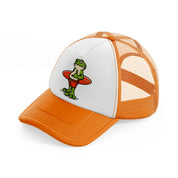 frog holding surf board-orange-trucker-hat