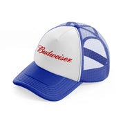 budweiser font blue and white trucker hat