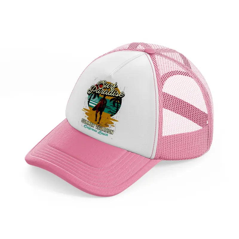 surf paradise summer vacation california beach-pink-and-white-trucker-hat