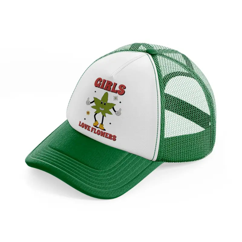 retro groovy 70s cannabis leaf character-green-and-white-trucker-hat