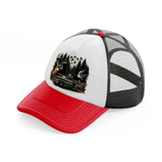 deer car wild red and black trucker hat