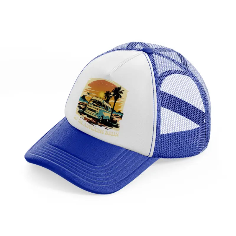 let the adventure begin blue and white trucker hat