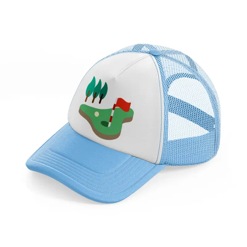 golf field trees-sky-blue-trucker-hat