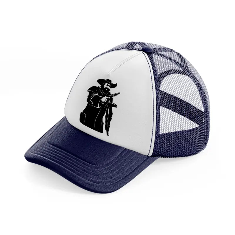 pirate captain & gun-navy-blue-and-white-trucker-hat