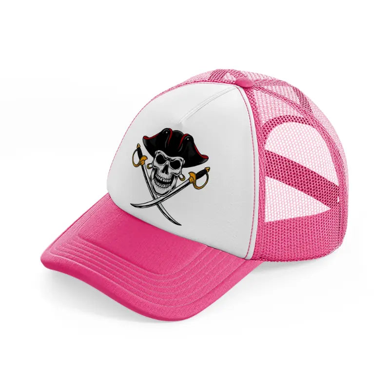 pirates skull mascot swords-neon-pink-trucker-hat