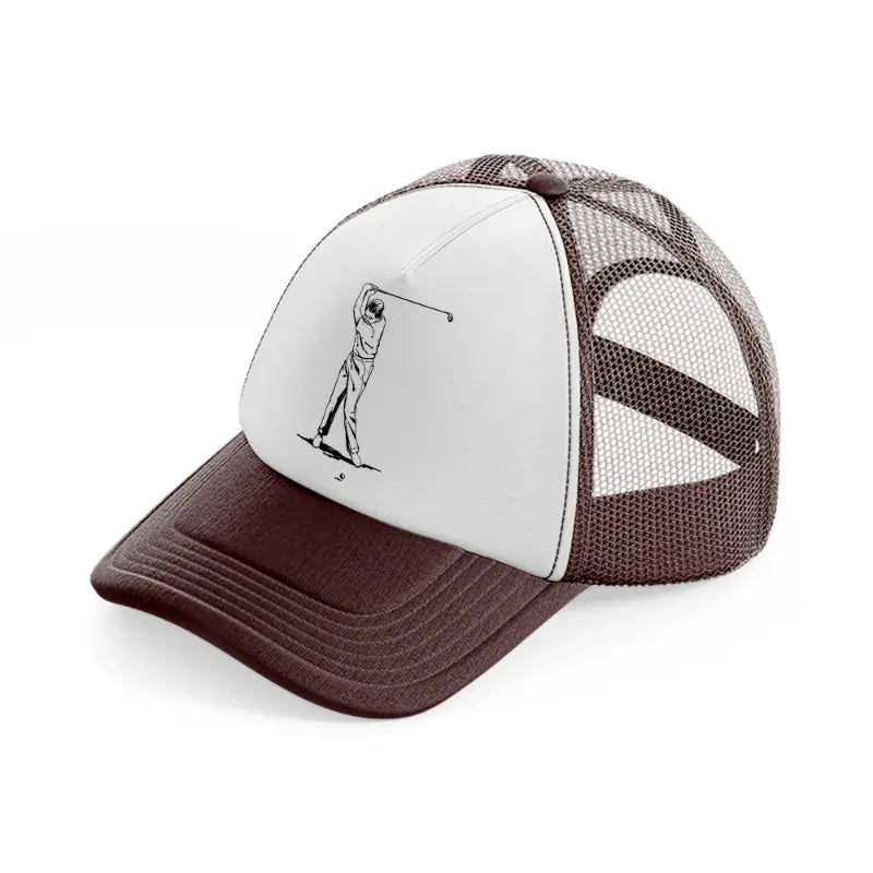 golfer taking shots b&w-brown-trucker-hat