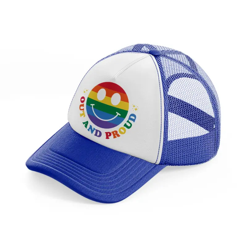 out and proud smile-blue-and-white-trucker-hat