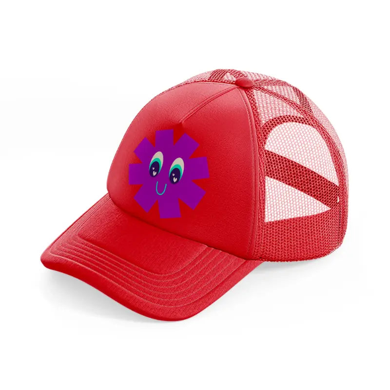 purple smiley flower red trucker hat