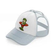 frog holding surf board grey trucker hat