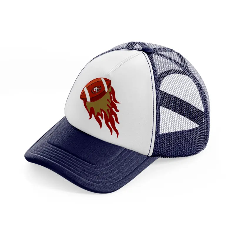 49ers american football ball on fire-navy-blue-and-white-trucker-hat