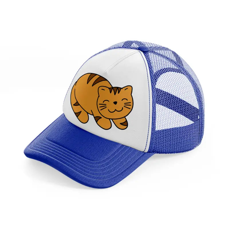 cat smiling-blue-and-white-trucker-hat