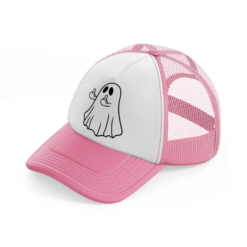 ghost showing middle finger pink and white trucker hat