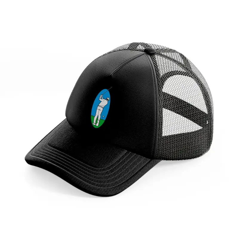 golfer taking shot-black-trucker-hat