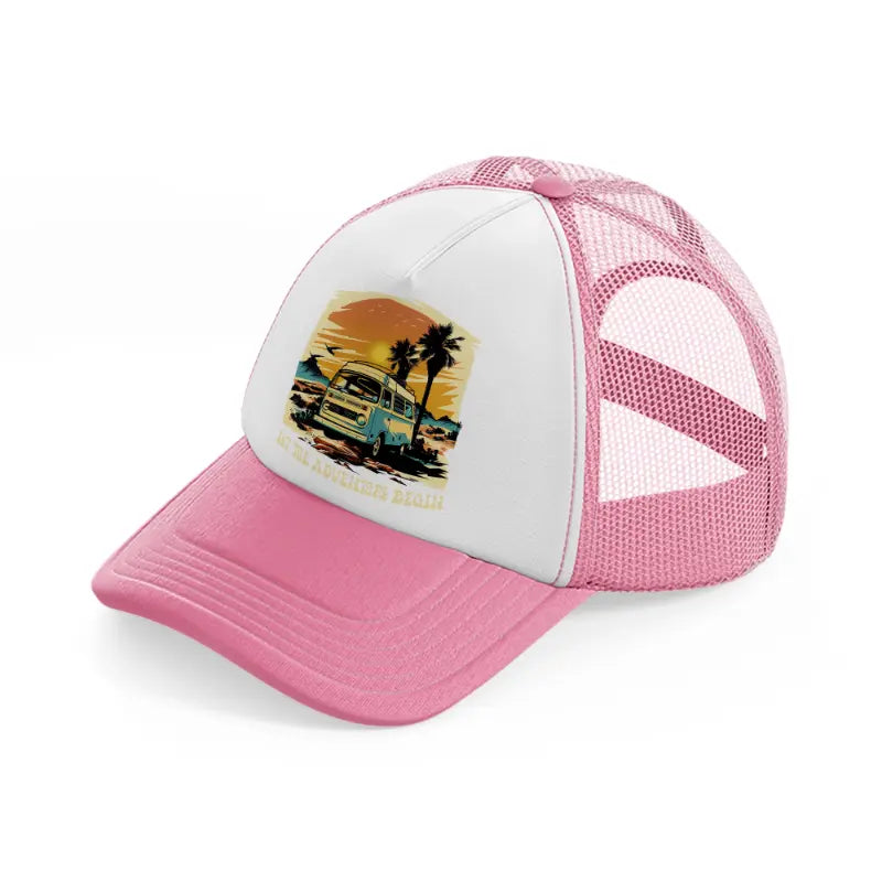 let the adventure begin-pink-and-white-trucker-hat