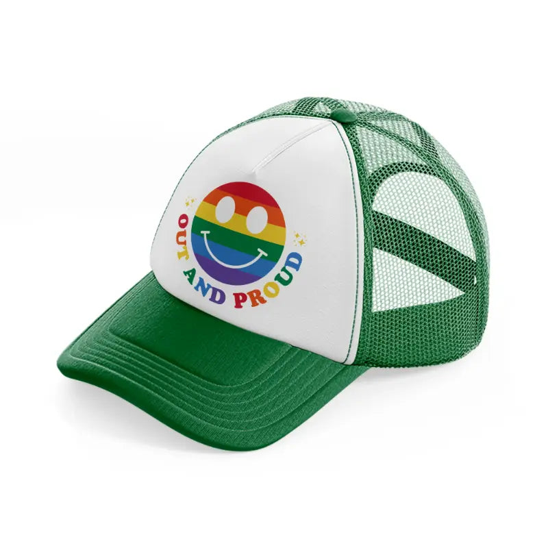 out and proud smile green and white trucker hat