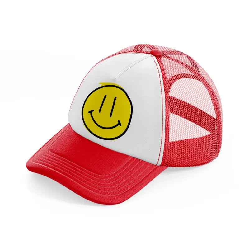 yellow happy face-red-and-white-trucker-hat