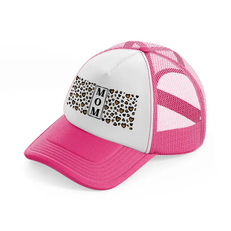 mom heart leopard print neon pink trucker hat