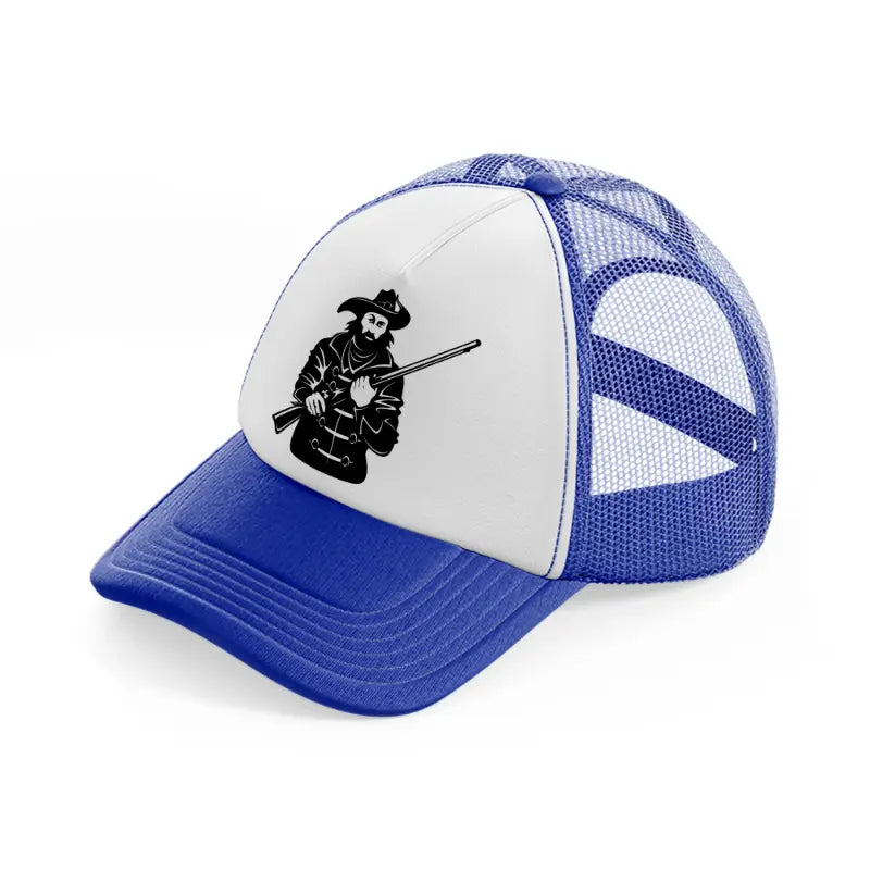 pirate with rifle blue and white trucker hat