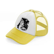 lady with gun yellow trucker hat