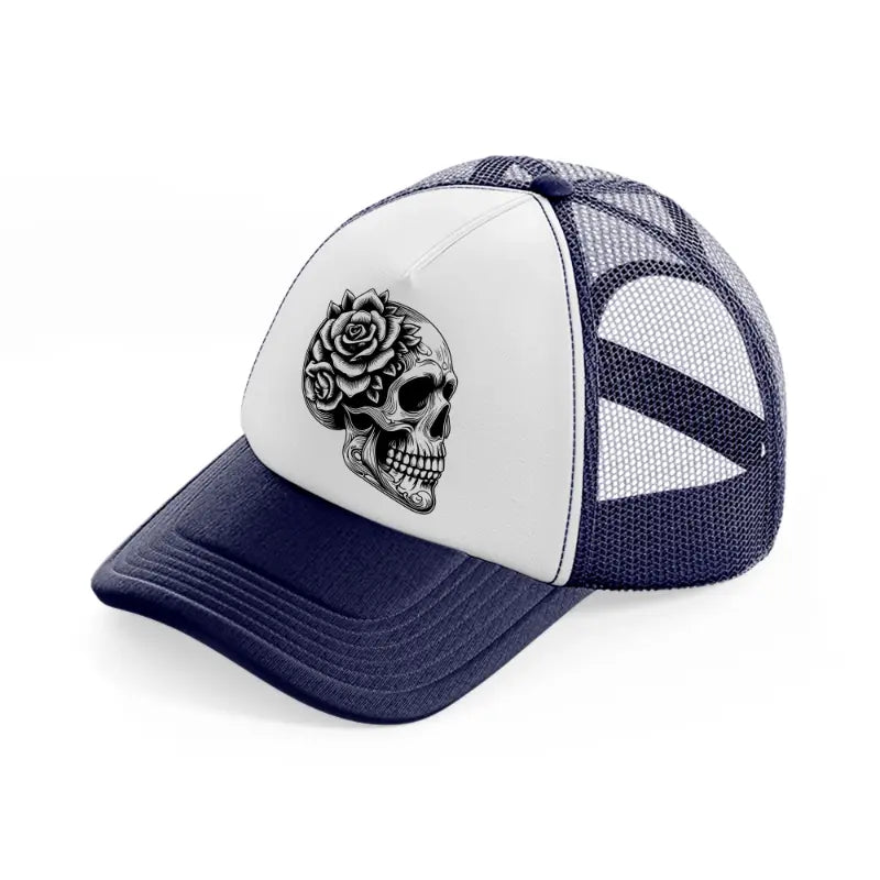 skull head flower side face-navy-blue-and-white-trucker-hat