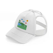 golf field river white trucker hat