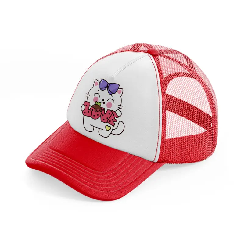 white cute cat-red-and-white-trucker-hat