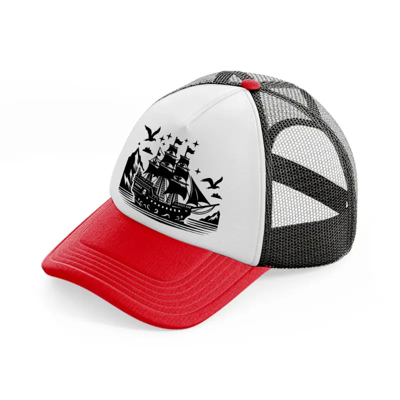 ship & birds red and black trucker hat