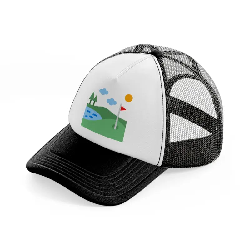 golf field river black and white trucker hat