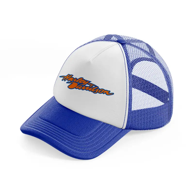 harley-davidson orange font-blue-and-white-trucker-hat