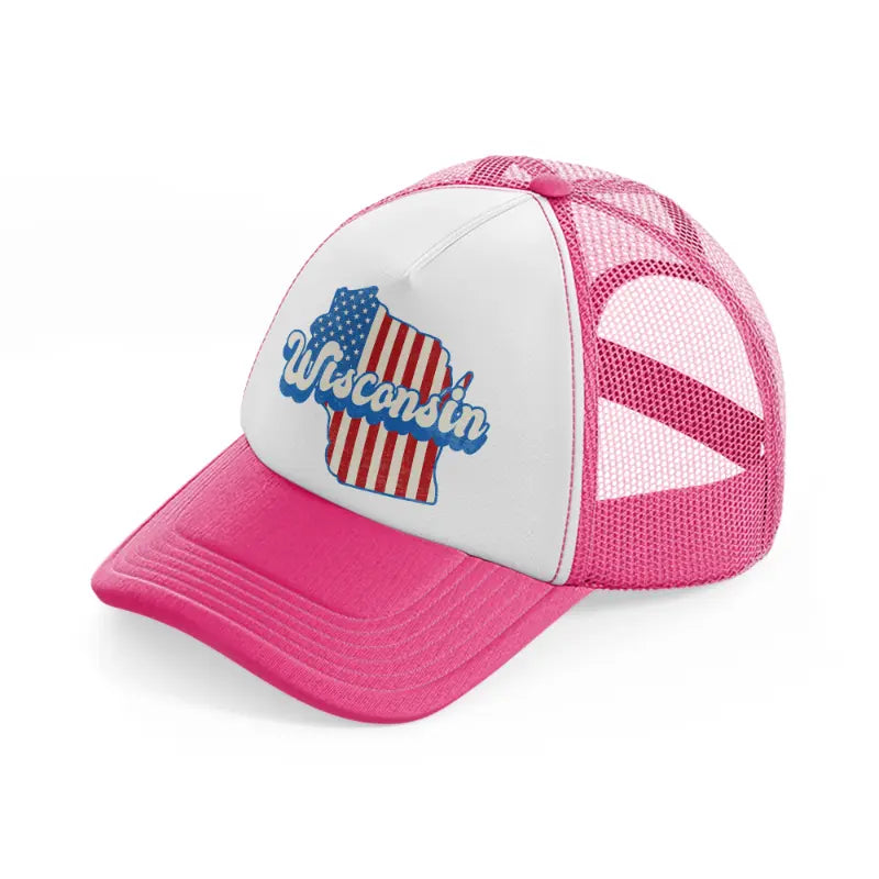wisconsin flag-neon-pink-trucker-hat