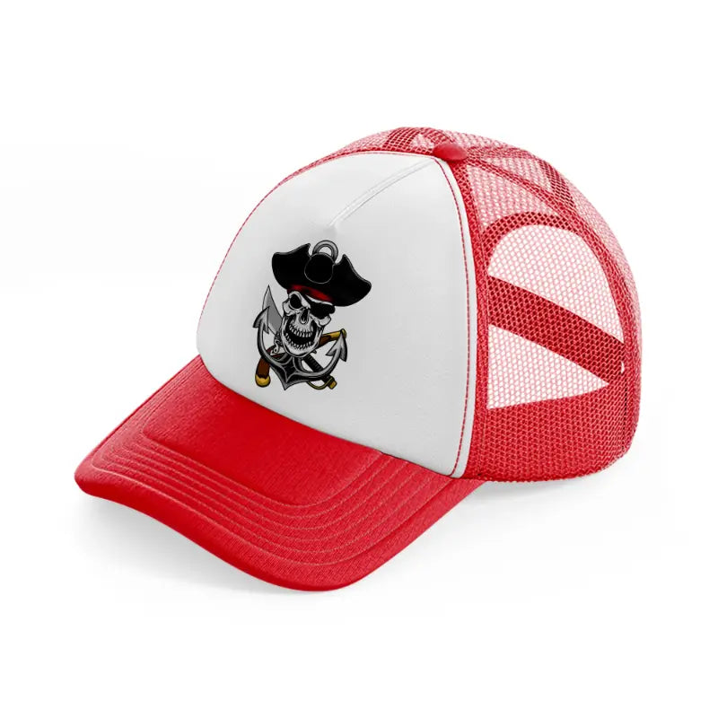 pirates skull anchor-red-and-white-trucker-hat