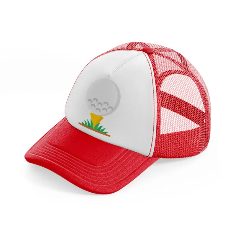 golf ball in grass-red-and-white-trucker-hat