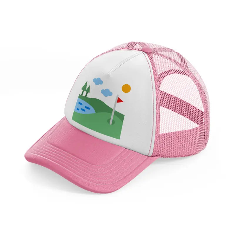 golf field river-pink-and-white-trucker-hat