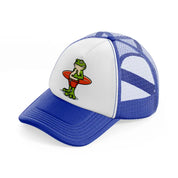 frog holding surf board-blue-and-white-trucker-hat