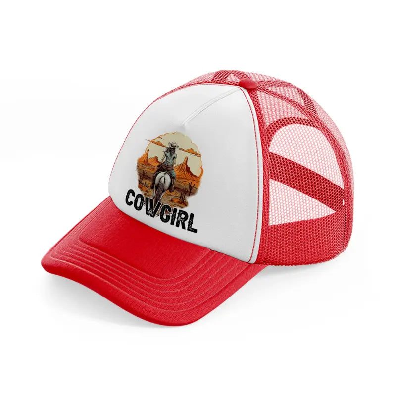 cowgirl picture-red-and-white-trucker-hat