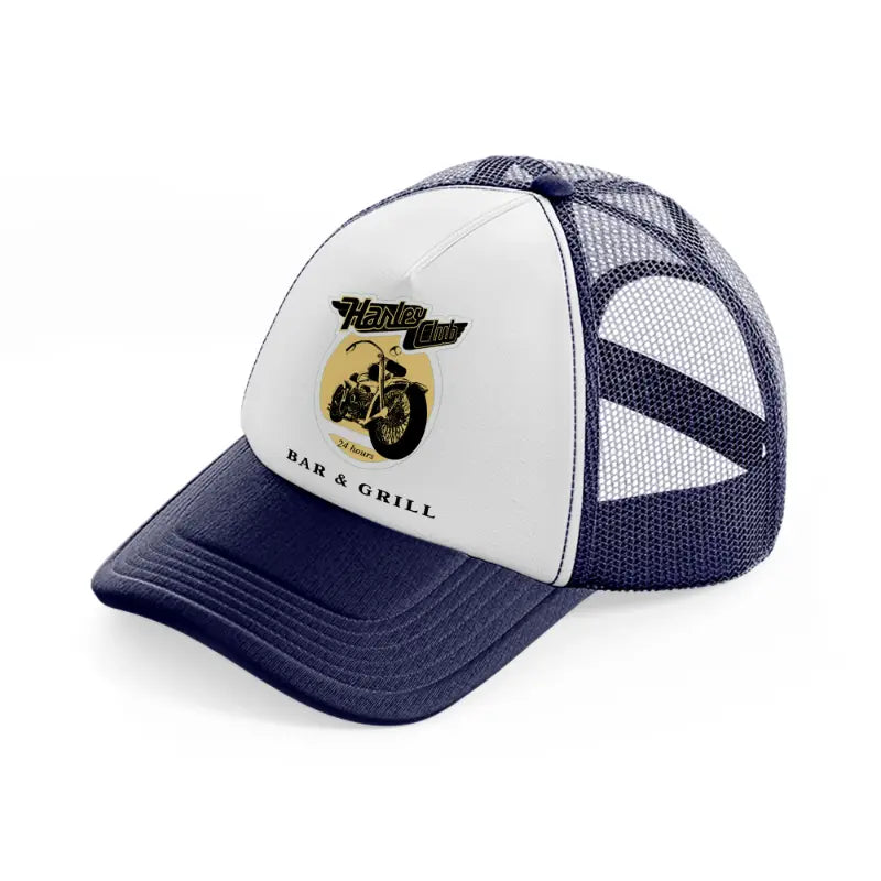 harley club 24 hours bar & grill-navy-blue-and-white-trucker-hat