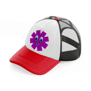 purple smiley flower red and black trucker hat